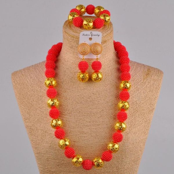Ohrringe, Halskette, 61 cm, rote künstliche Perlen, Schmuckset, afrikanische Hochzeit, FZZ34