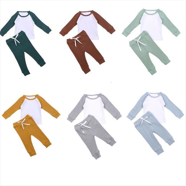 

1 4years kids boys long sleeved trousers suit ribbed patchwork fashion color contrast t shirt and elastic bandage pants, White