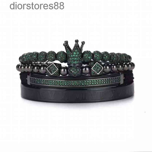 

bangles bracelet punk style micro inlaid green zircon crown diamond ball polygonal braided roman lettering, Black