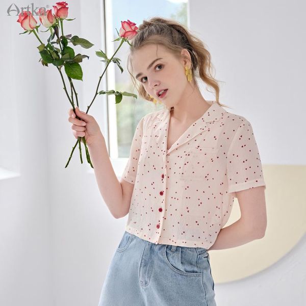 

women's blouses & shirts artka 2021 summer women blouse elegant dot print turndown collar shirt short sleeve thin chiffon female sa2001, White