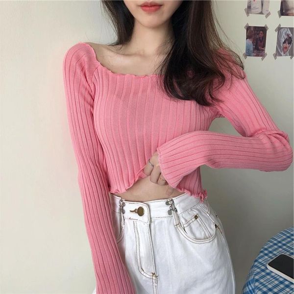 

slim for women girls cropped sweater fashion long sleeve korean style green pink purple blue, White;black