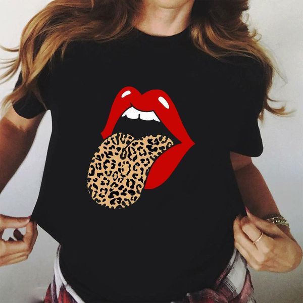 

new summer female tees red mouth lip kiss women black tshirt funny leopard graphic tee shirt femme harajuku woman t shirt, White