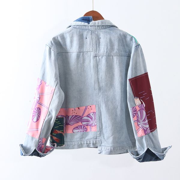 

spring autumn fashion women denim patch print coat female lapel full sleeve patchwork outerwear short jeans jacket 12dg, Black;brown