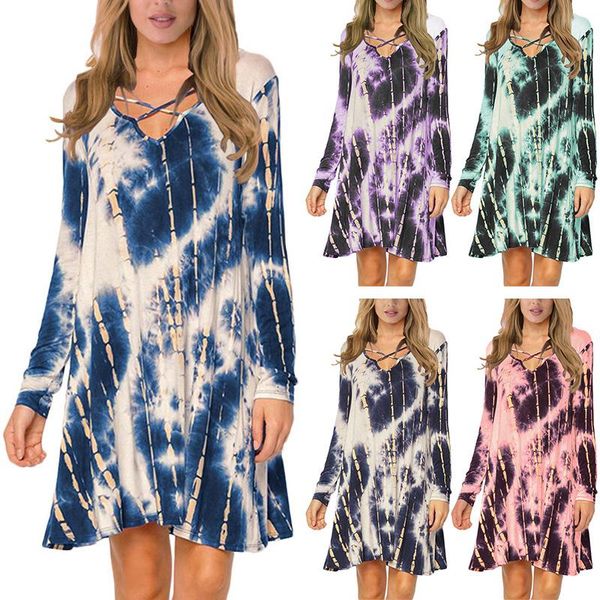 

women's fashion tie dye print casual cross long sleeve mini dress, Black;gray
