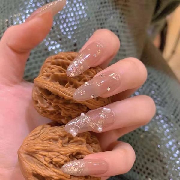 

nail gel 24pcs pearl inlaid patch shiny glue type removable long paragraph fashion manicure save time false, Red;pink