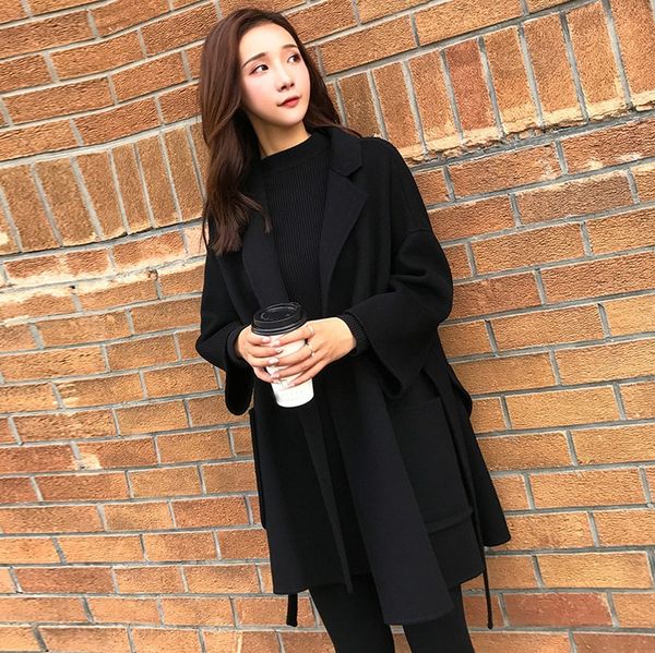 

winter women wool blends black solid trench coat elegant outerwear casual loose thick cardigan female cashmere overcoat#j30 n86x, Tan;black