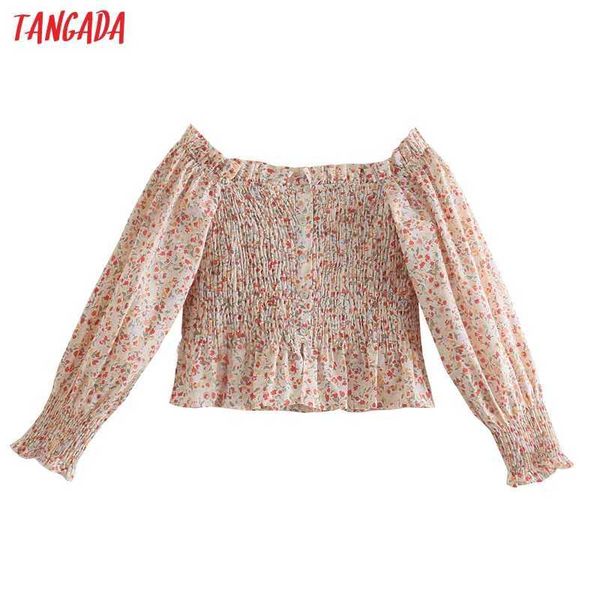 

tangada women retro flowers print crop shirt off shoulder long sleeve chic female slim shirt 5z115 210609, White