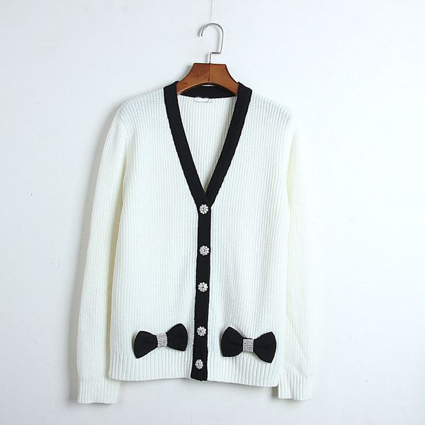 

women's sweater designer long sleeve autumn and winter new cardigan sweet bow drill button v-neck mohair women's sweater, White;black