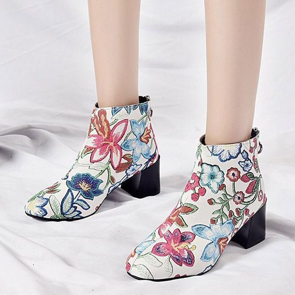 

boots 2021 winter high heels ankle flower print woman shoes retro boot square floral national botas mujer autumn 8673n1, Black