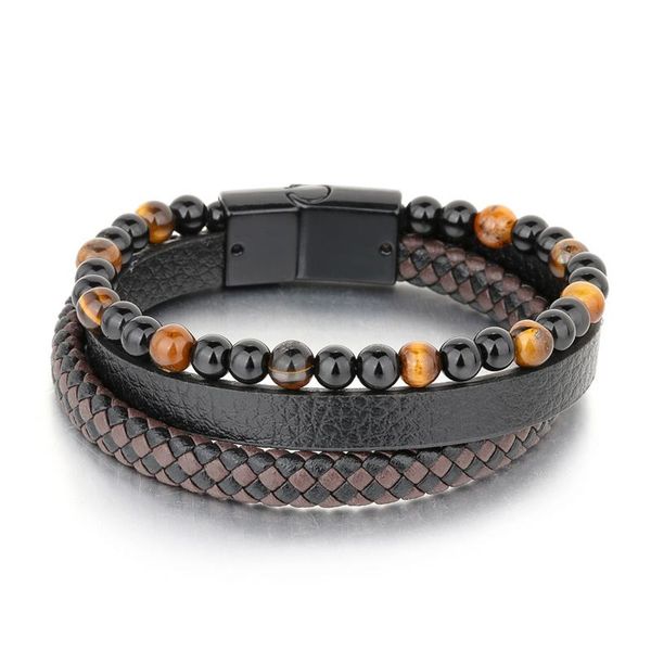 

charm bracelets niuyitid natural tiger eye stone bracelet men pu leather braided multilayer magnetic buckle wristband male jewelry, Golden;silver
