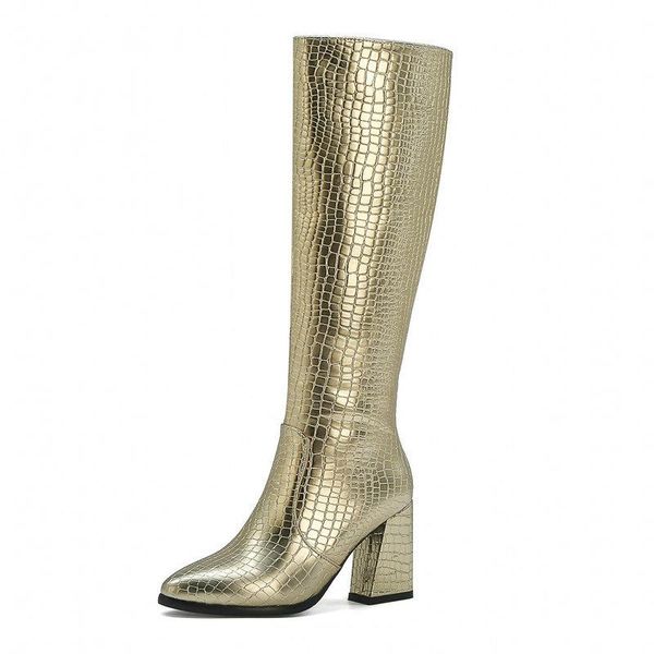 

boots 2021 autumn winter band designer faux leather women knee high fashion zipper pointed toe heel black gold green