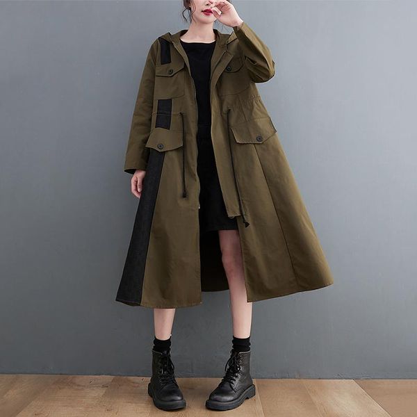 

women's trench coats 2021 autumn winter cotton vintage oversized long coat for women clothes hooded drawstring fashion casual loose out, Tan;black