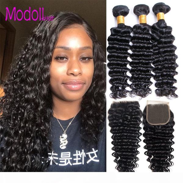 

malasian deep wave virgin hair weave bundles with closure 3 4 bundle with lace closure remy human hair deep wave bundles with closure, Black;brown