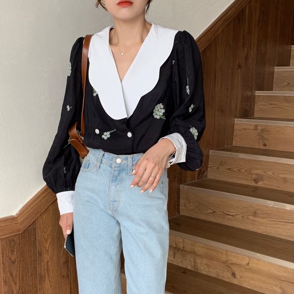 

women office lady embroidery flowers blouses long sleeve 2021 new spring autumn ol elegant shirt loose female 56io, Black