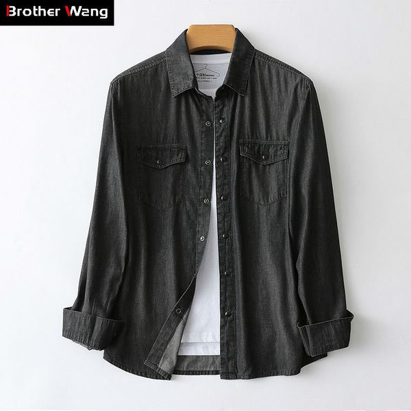 

2021 3 colors men's denim new spring and autumn fashion casual slim fit long sleeve shirt male brand clothes fc45, White;black