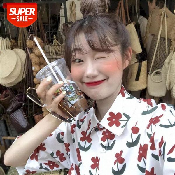 

button up shirt vintage blouse women clothing small flower print polo collar short-sleeved ghost horse girl loose blouses #949u, White