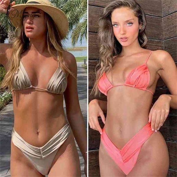 Miyouj est Bikini sexy Femminili con micro pieghe Costumi da bagno Donna Bikini con taglio alto Costume da bagno con stringhe per costume da bagno bianco 210624