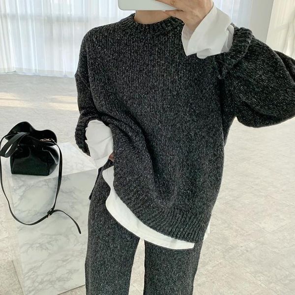 

women's two piece pants chic knitting suits casual streetwear split long sleeve pullovers sweater + slim wide leg knitted 2021 autumn w, White