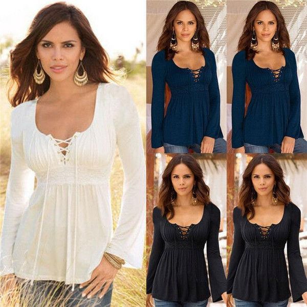 

bandage womens and blouses ladies lace long sleeve casual loose v neck t-shirt autumn blouse women clothes, White