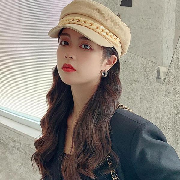 

stingy brim hats 2021 quality fashion artist pu beret female british chain navy octagonal hat for women solid color casual cap retro beanie, Blue;gray