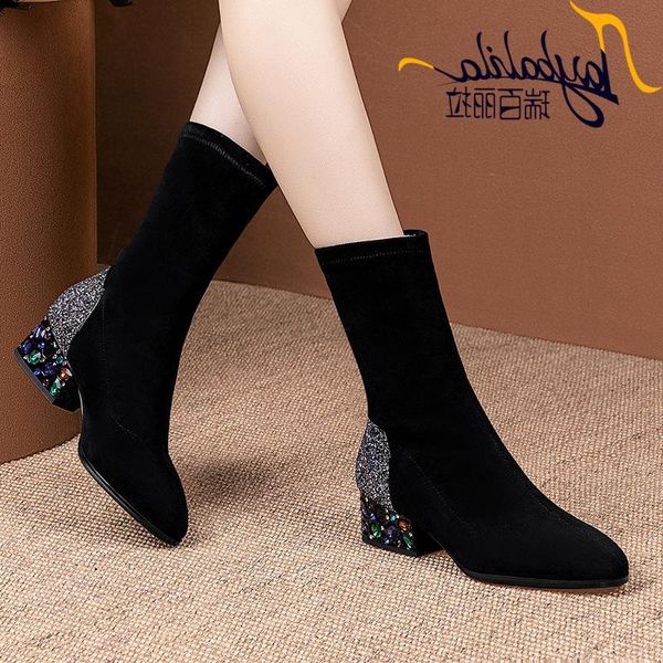 

boots women's short mid-heeled 2021 thick-heeled elastic, Black