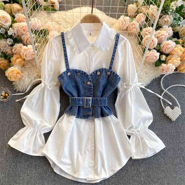 Frühling Damen Kleidung Set Reverskragen Puffärmel weißes Hemd Bluse + Strap Denim Hosenträger Weste Zweiteiler 210603