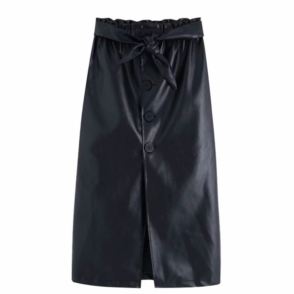 

women fashion bow tied decoration pu leather straight skirt faldas mujer ladies elastic waist buttons chic midi skirts qun520 210315, Black