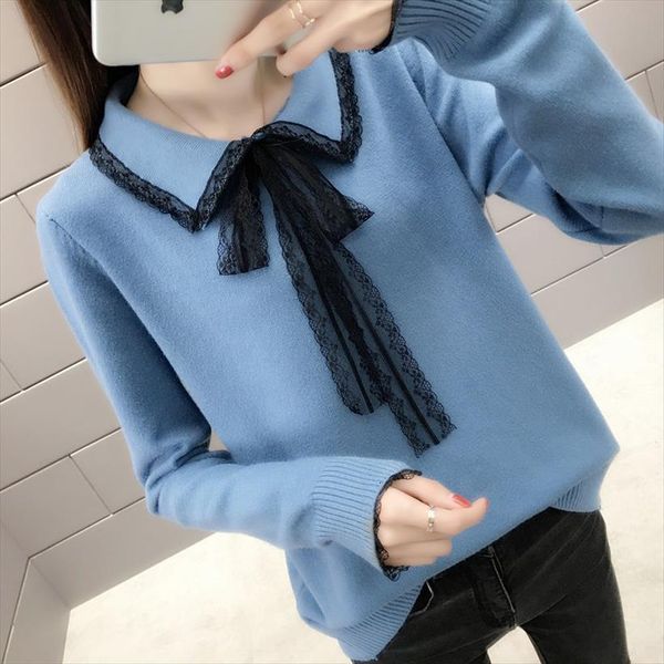 

bow tie autumn winter womens sweaters lace patchwork turn down collar women pullovers loose lazy knitted, White;black