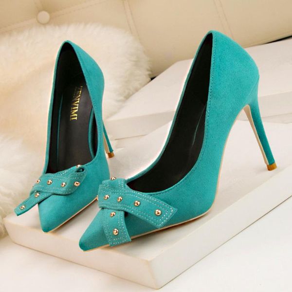 

dress shoes 2 material work women pumps 2021 elegant rivet bowknot shallow women's show thin high heels office woman, Black