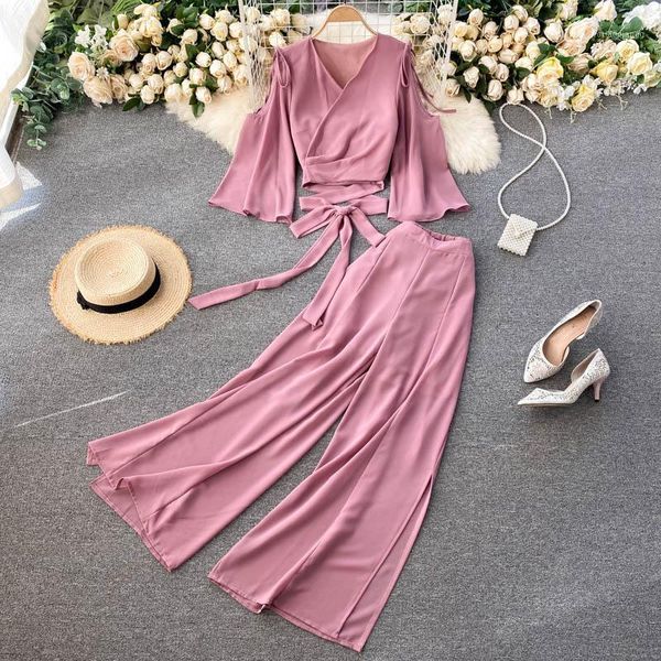 

women's tracksuits v-neck bow tie waist short chiffon shirt flared sleeve two-piece suit high split wide leg trousers women, Gray