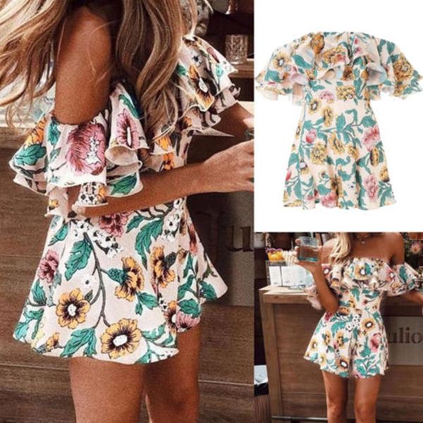 

women's jumpsuits & rompers women floral print summer jumpsuit strappy high waist ladies clubwear off the shoulder playsuit bodycon par, Black;white