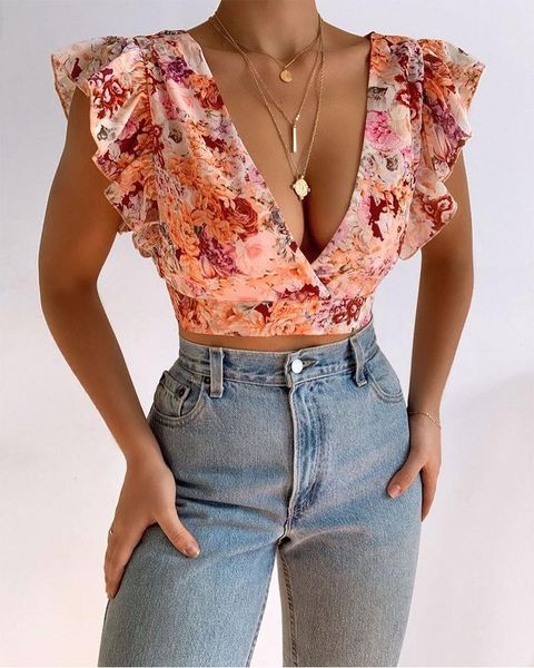 

women's blouses & shirts women orange floral print backless ruffle hem deep v-neck sleeveless cropped summer, White