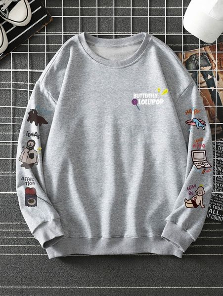 

men cartoon & letter graphic sweatshirt 63iq#, Black