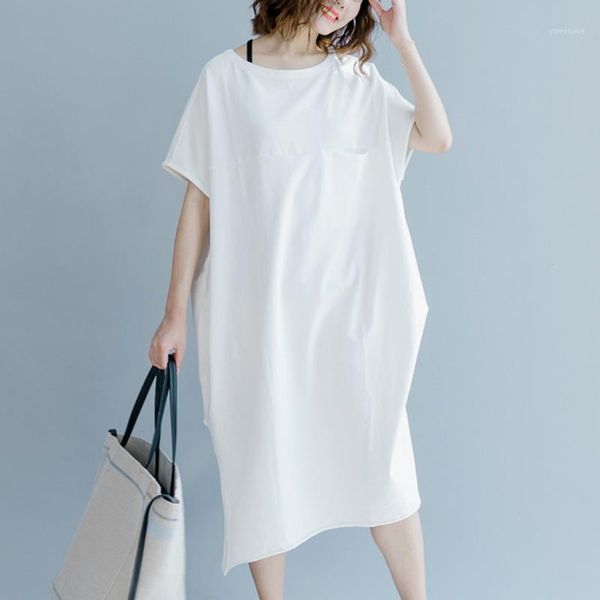 

casual dresses #0102 summer irregular dress with pockets big size women loose short sleeve white/khaki round neck knee-length, Black;gray