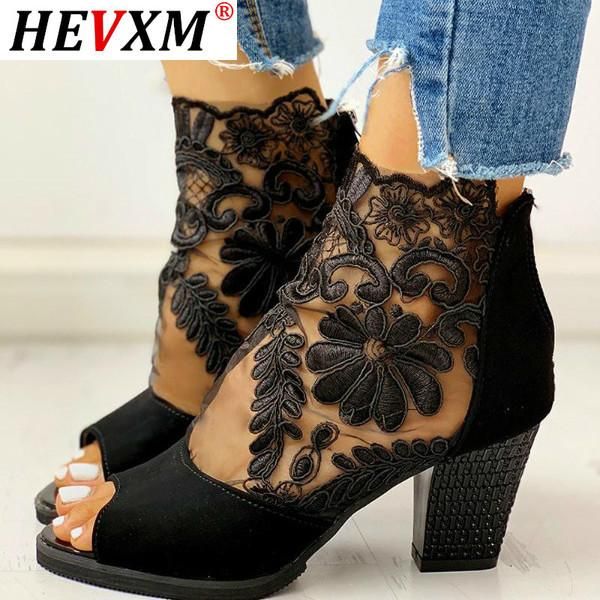 

sandals hevxm fashion women high heels peep toe lace flower heel ankle strap net surface hollow out 2021, Black