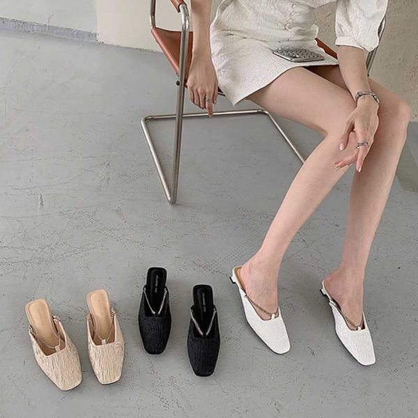 

slippers fashion satin texture baotou half chain shaped heel mules, Black