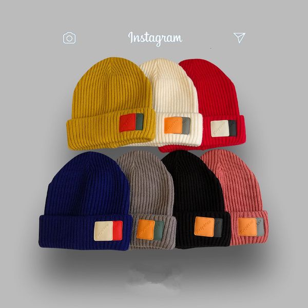 

ins double wool hat women autumn winter versatile letter label knitted hat couple, Yellow