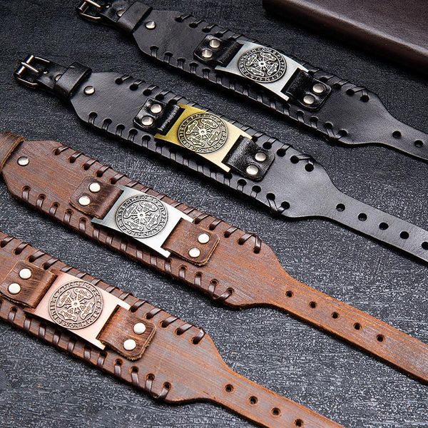

charm bracelets trendy nordic design irish cross bracelet leather braided men's viking rune accessories fashion party jewelry, Golden;silver