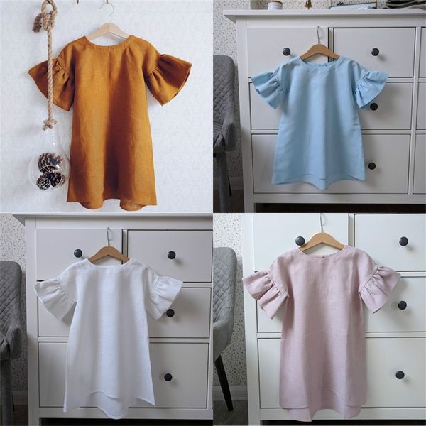 

2021 2-6y girls cotton linen dress summer flouncy flare medium sleeve dresses baby kids pleated skirt solid elegent princess dress h24sc4f, Red;yellow