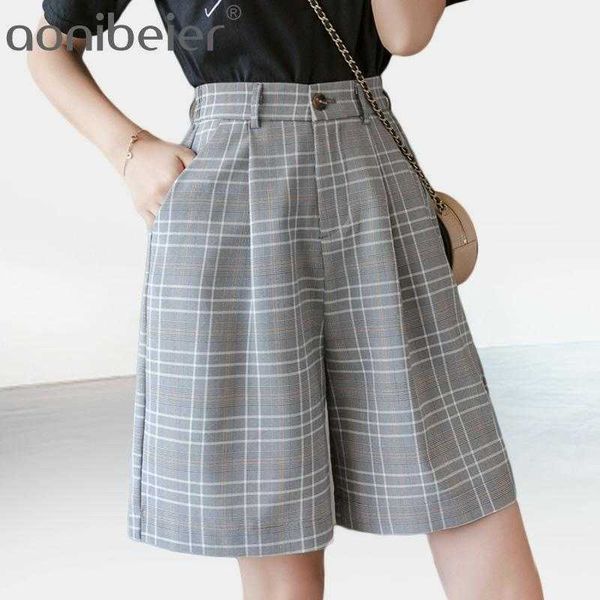 

sashes booty high waist summer vintage plaid wide leg suits short women elegant all match straight belt shorts girl 210604, White;black