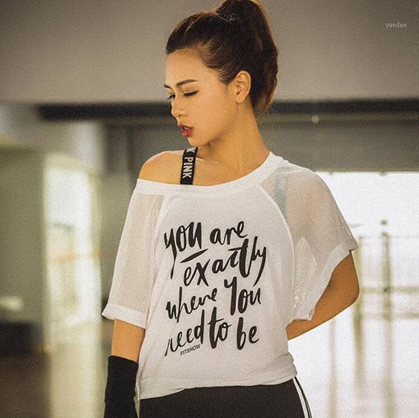 

yoga outfits letter printed women short sleeve sports gym fitness quick dry patchwork mesh shirt running athletic loose tee 1, White;red