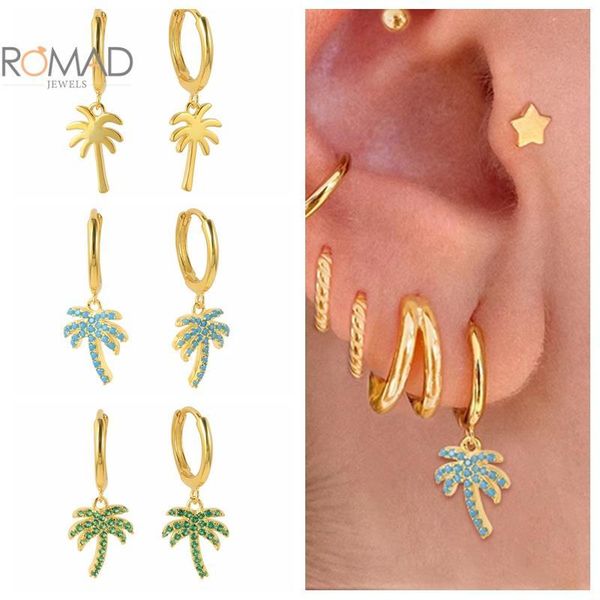 

hoop & huggie romad 9mm trendy coconut tree earrings korean green zircon turquoise hoops for women 925 sterling silver jewelry 2021, Golden;silver