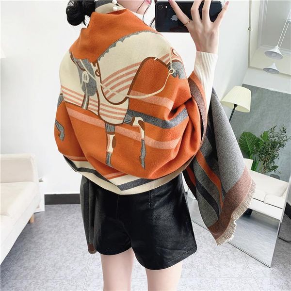 

scarves 2021 horse cashmere shawls women winter warm plaid shawl cloak ms thick blankets tassel scarf holiday gifts, Blue;gray