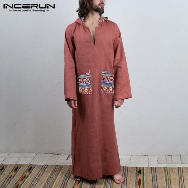 

ethnic clothing incerun muslim men jubba thobe cotton long sleeve islamic arab kaftan hooded print patchwork robes saudi arabia dubai caftan, Red