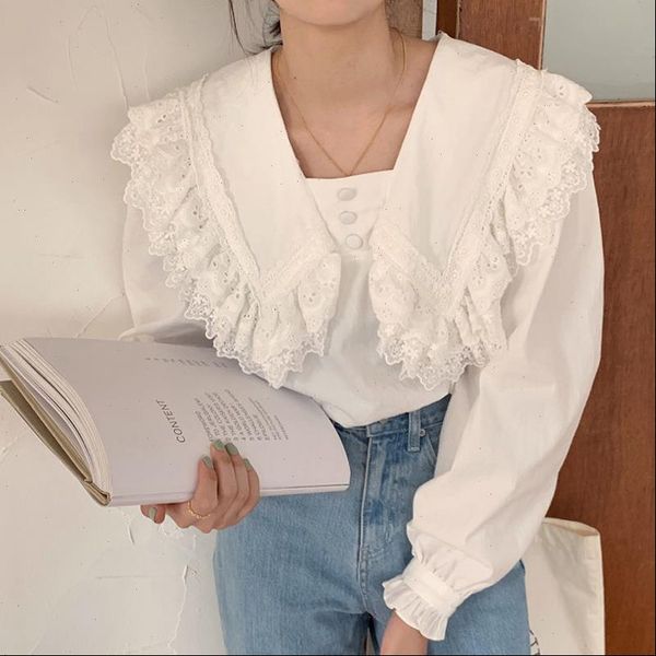 

vintage sailor collar buttons ruffles stitching women blouses shirts autumn winter ladies pullovers long sleeve female shirts, White