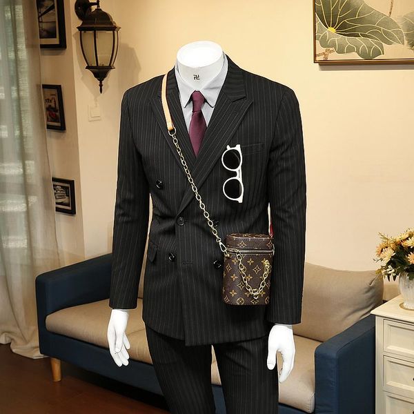 

men's suits & blazers xm geeki winter business casual formal dress korean slim fit black stripe double breasted suit coat, White;black