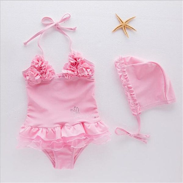 

one-pieces ballet baby girls summer flower swimwear+hat ruffles kids cute fashion swimming 2t-6, Black