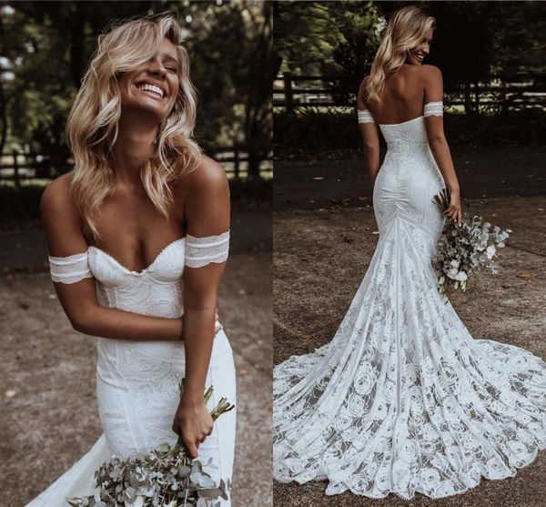 

bohemian mermaid wedding dress 2021 off the shoulder bride dresses cotton crochet lace country boho beach bridal gowns, White