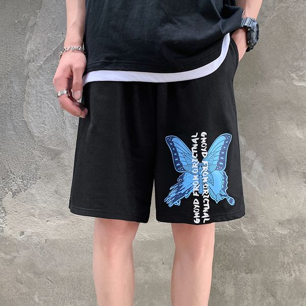 

2021 men butterfly printed new beach men's streetwear casual male colorful korean knee length shorts summer r2qn, White;black