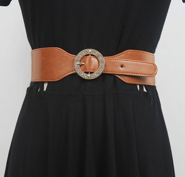 

belts women's runway fashion diamonds pu leather elastic cummerbunds female dress corsets waistband decoration wide belt r1170, Black;brown